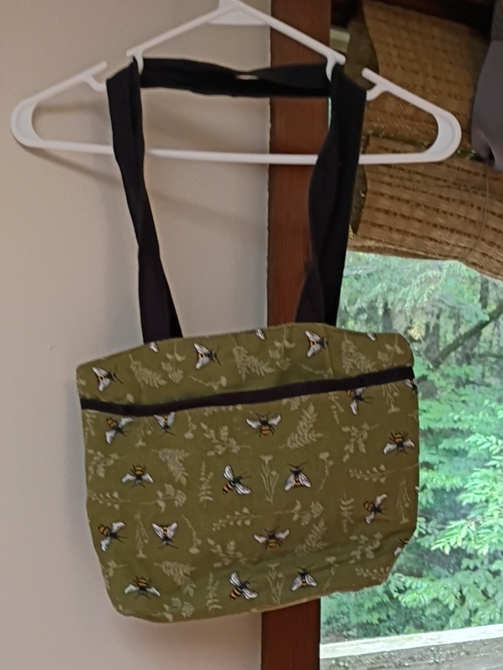 Olive Green Bee-Print Tote Bag with Black Straps